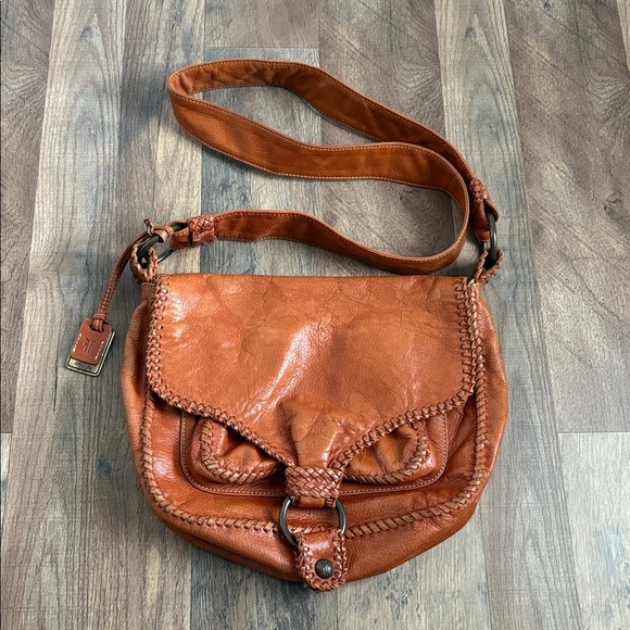 FRYE Cognac Leather Crossbody Saddle Bag Braided Boho Chic Western Inspired - Picture 16 of 16